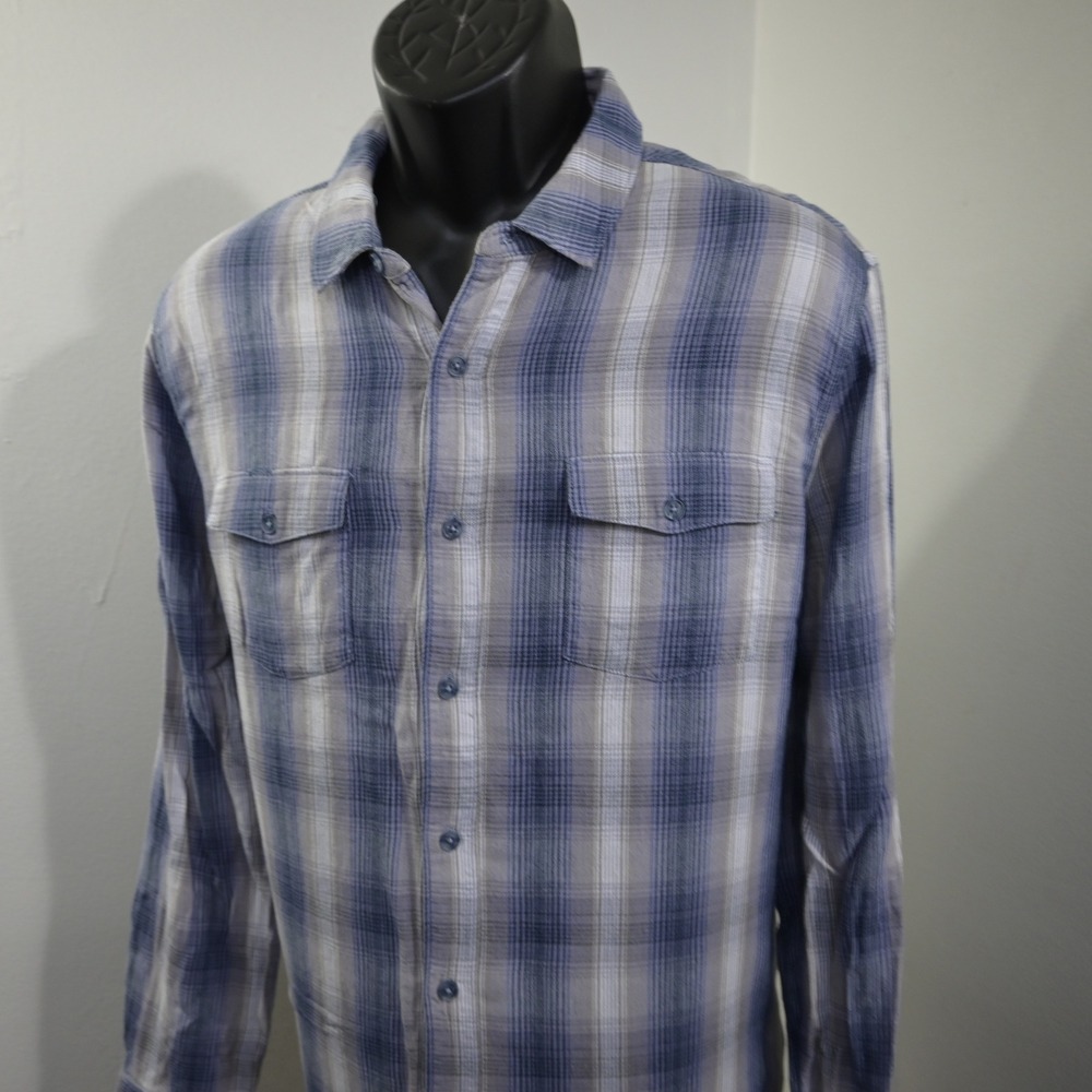 PAIGE Flannel Shirt Mens L Gray Blue Plaid Cotton Rayon Dual Pocket Button Up